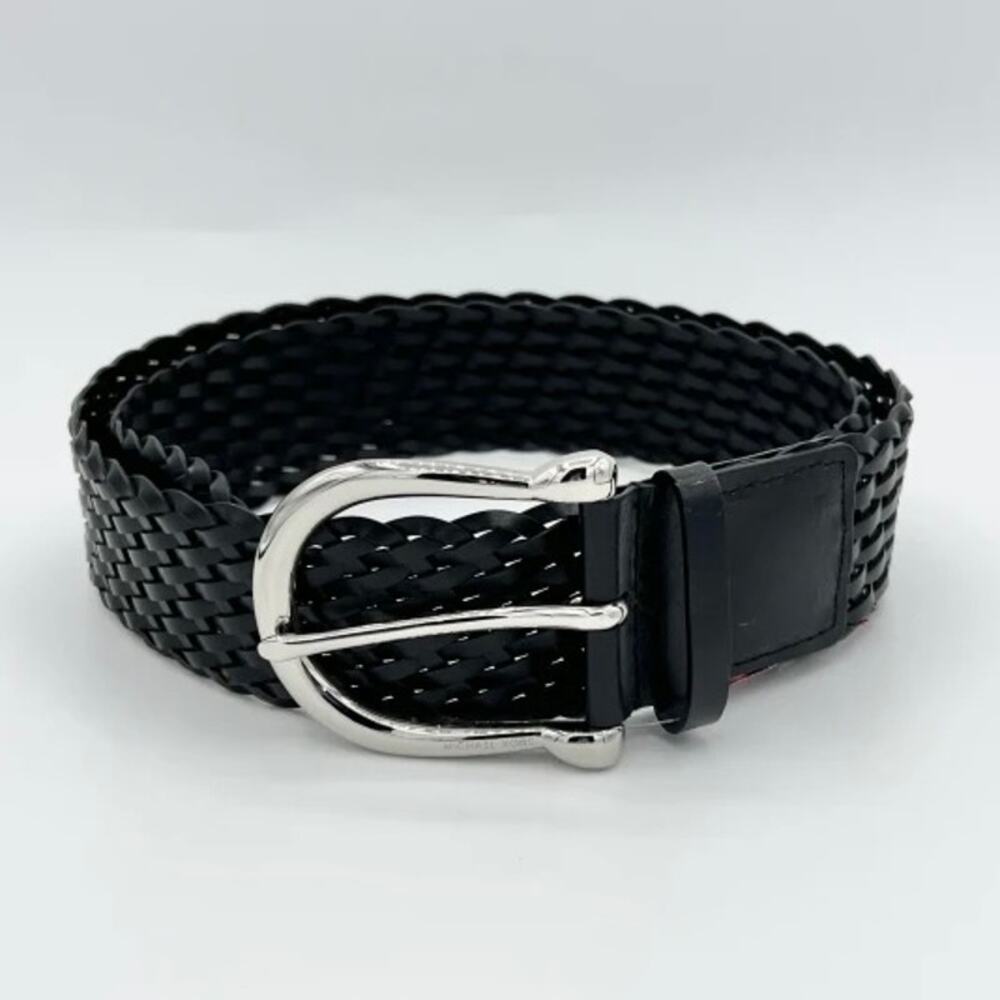 EUC Michael Kors Black Braided Leather Belt Silver Buckle Medium Classic Chic MK